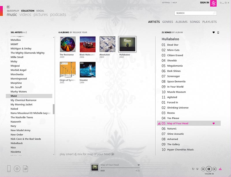 Zune 4.0 Software showing collection view of artist albums by release year
